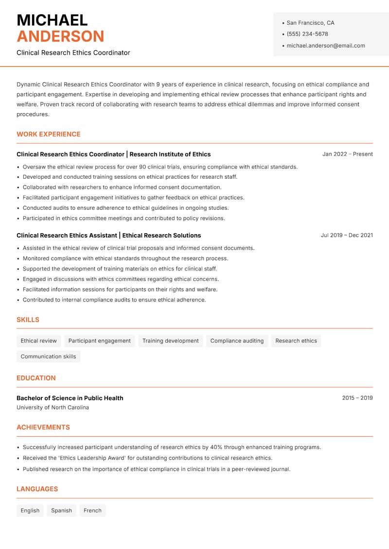 Clinical Research Ethics Coordinator resume sample — Clinical Research Ethics Coordinator focus