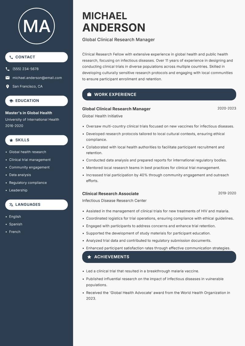 Clinical Research Fellow resume sample — Global Clinical Research Manager focus