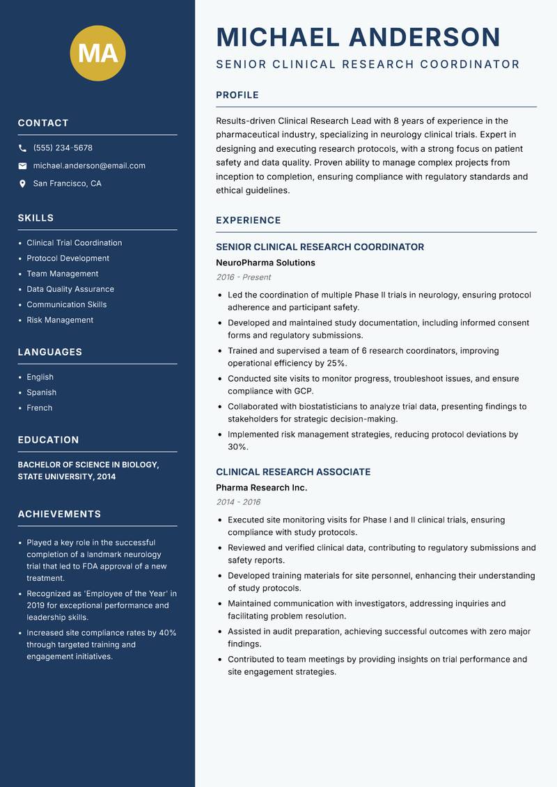 Clinical Research Lead resume sample — Senior Clinical Research Coordinator focus