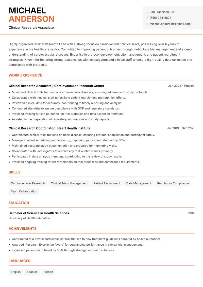 Clinical Research Lead resume sample — Clinical Research Associate focus