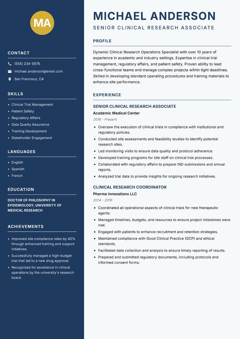 Clinical Research Operations Specialist resume sample — Senior Clinical Research Associate focus