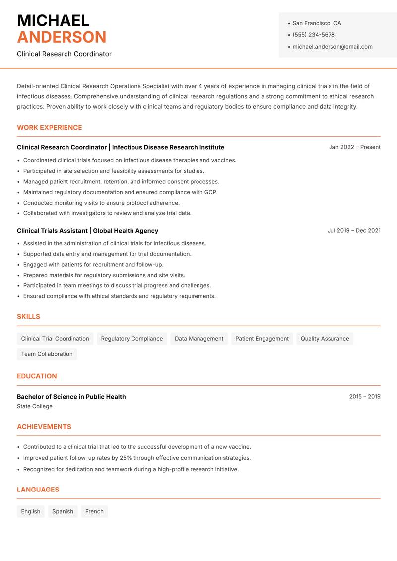 Clinical Research Operations Specialist resume sample — Clinical Research Coordinator focus
