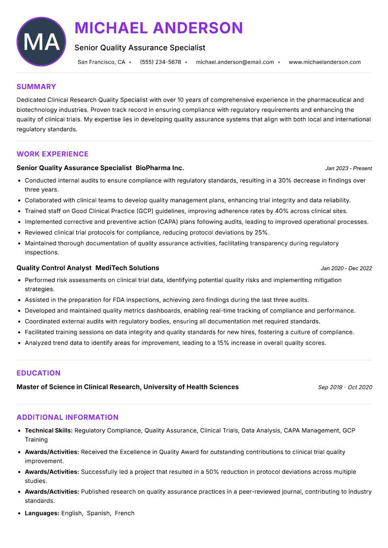 Clinical Research Quality Specialist resume example