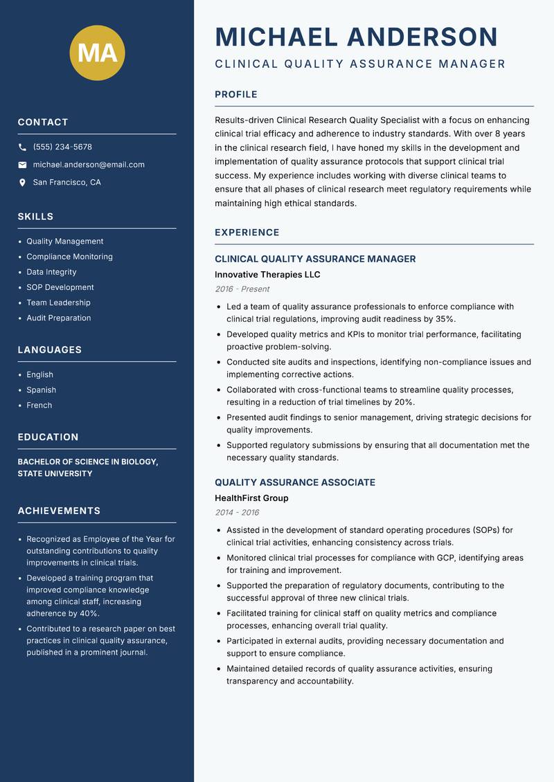 Clinical Research Quality Specialist resume sample — Clinical Quality Assurance Manager focus