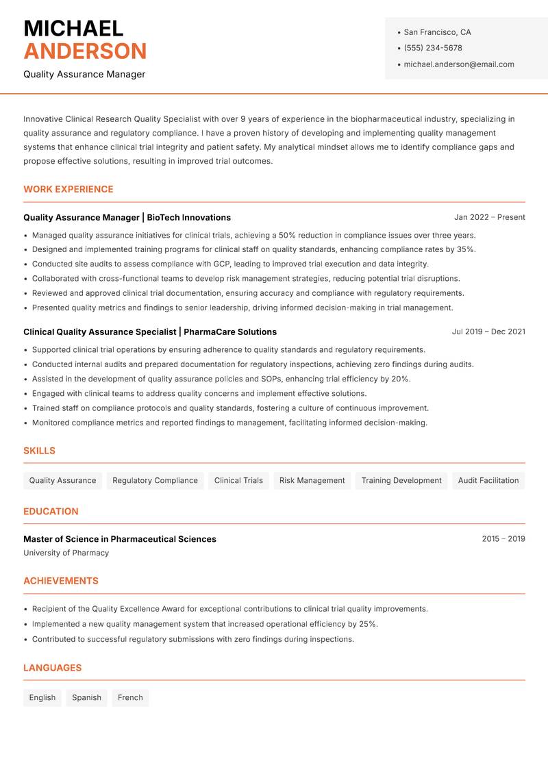 Clinical Research Quality Specialist resume sample — Quality Assurance Manager focus