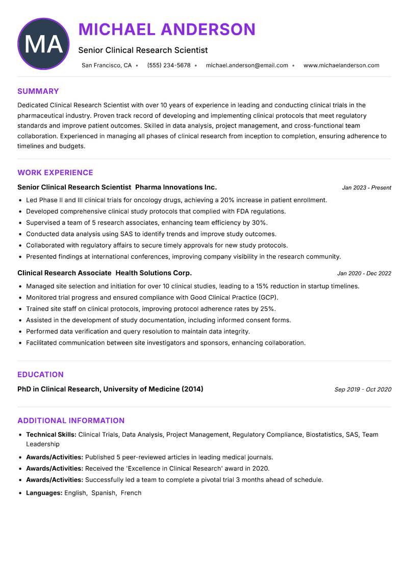 Clinical Research Scientist resume example