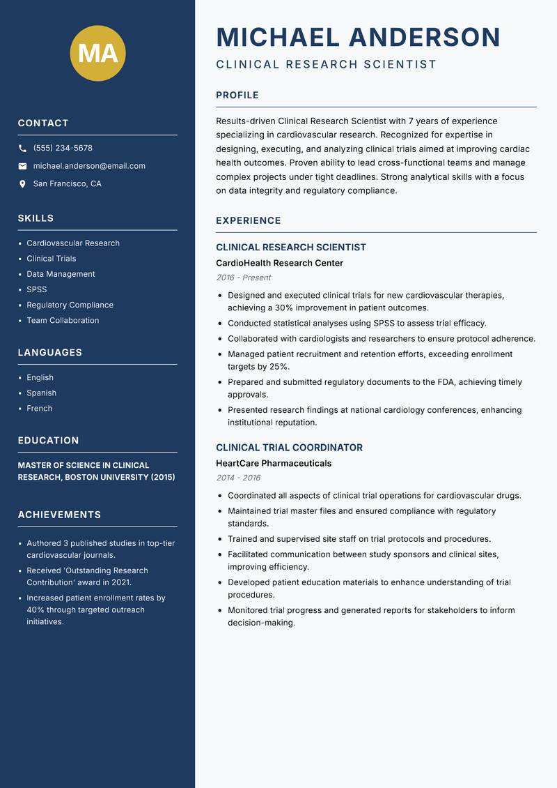 Clinical Research Scientist resume sample — Clinical Research Scientist focus