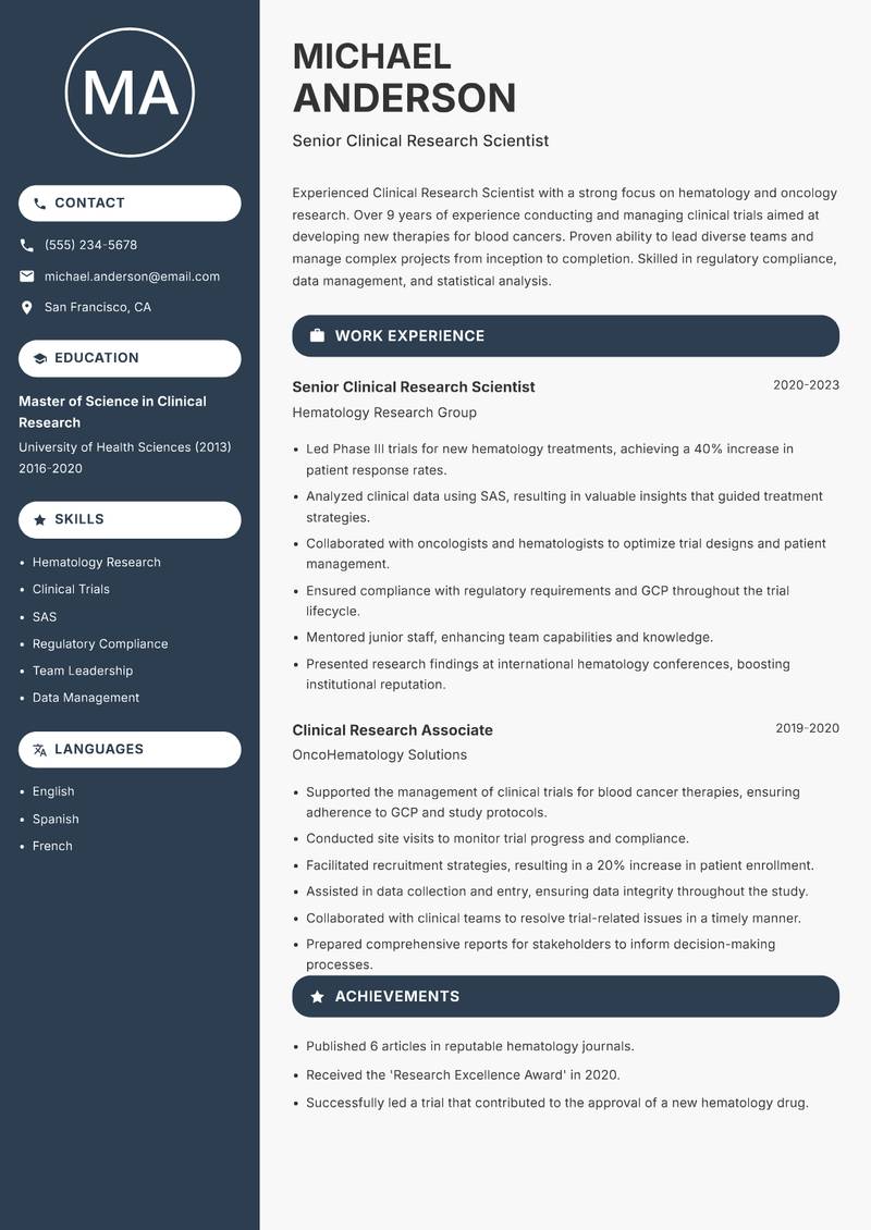 Clinical Research Scientist resume sample — Senior Clinical Research Scientist focus