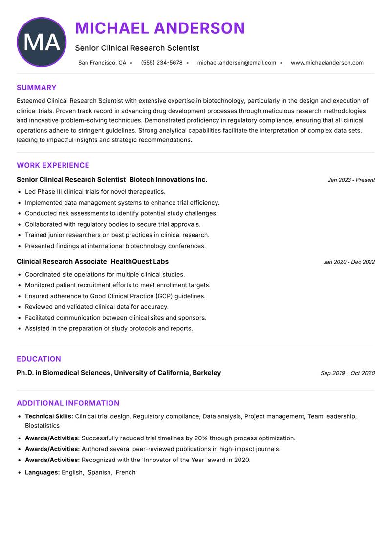 Clinical Research Scientist Biotechnology resume example