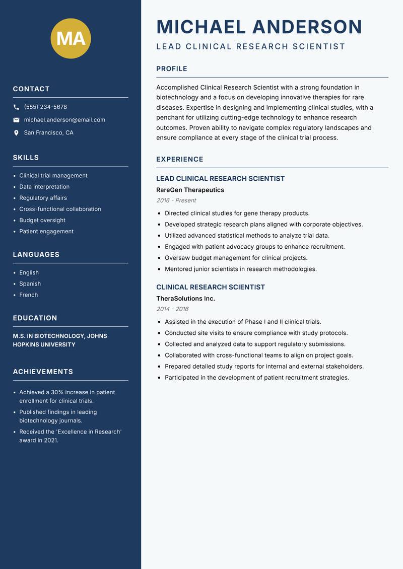 Clinical Research Scientist Biotechnology resume sample — Lead Clinical Research Scientist focus