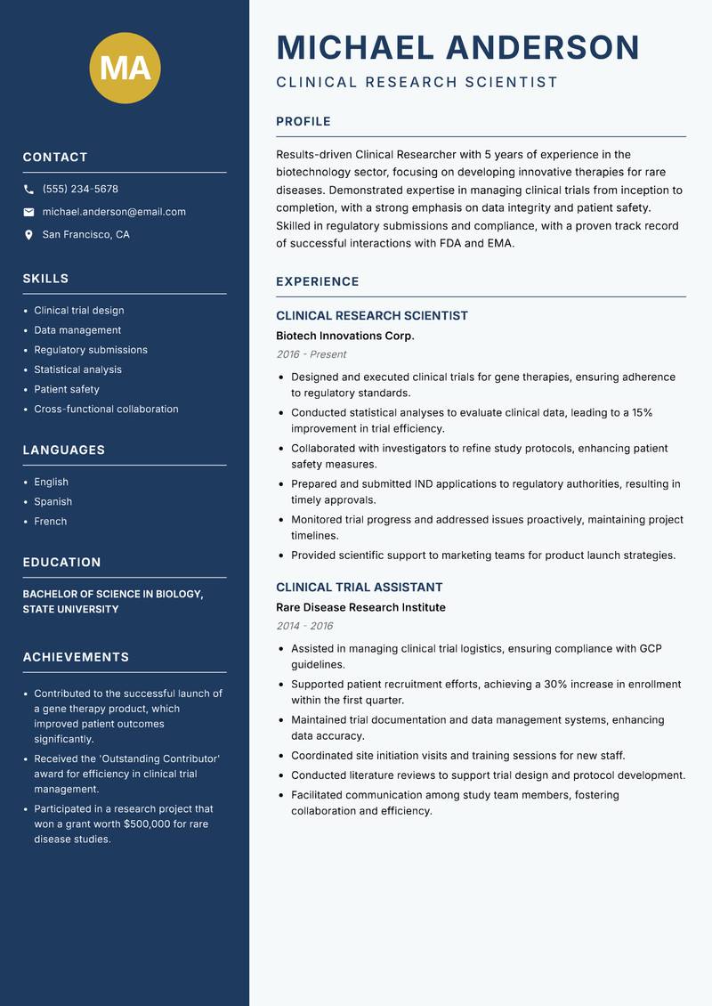 Clinical Researcher resume sample — Clinical Research Scientist focus
