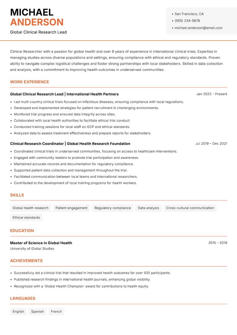 Clinical Researcher resume sample — Global Clinical Research Lead focus