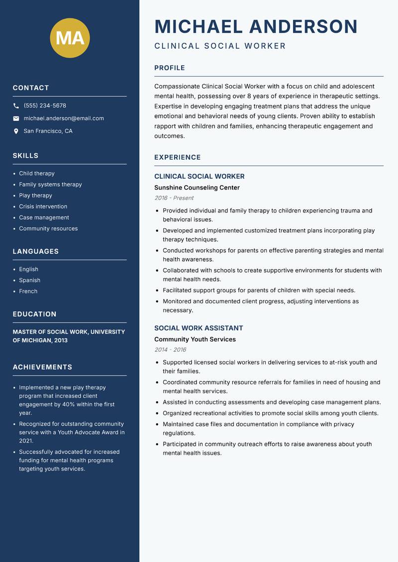Clinical Social Worker resume sample — Clinical Social Worker focus