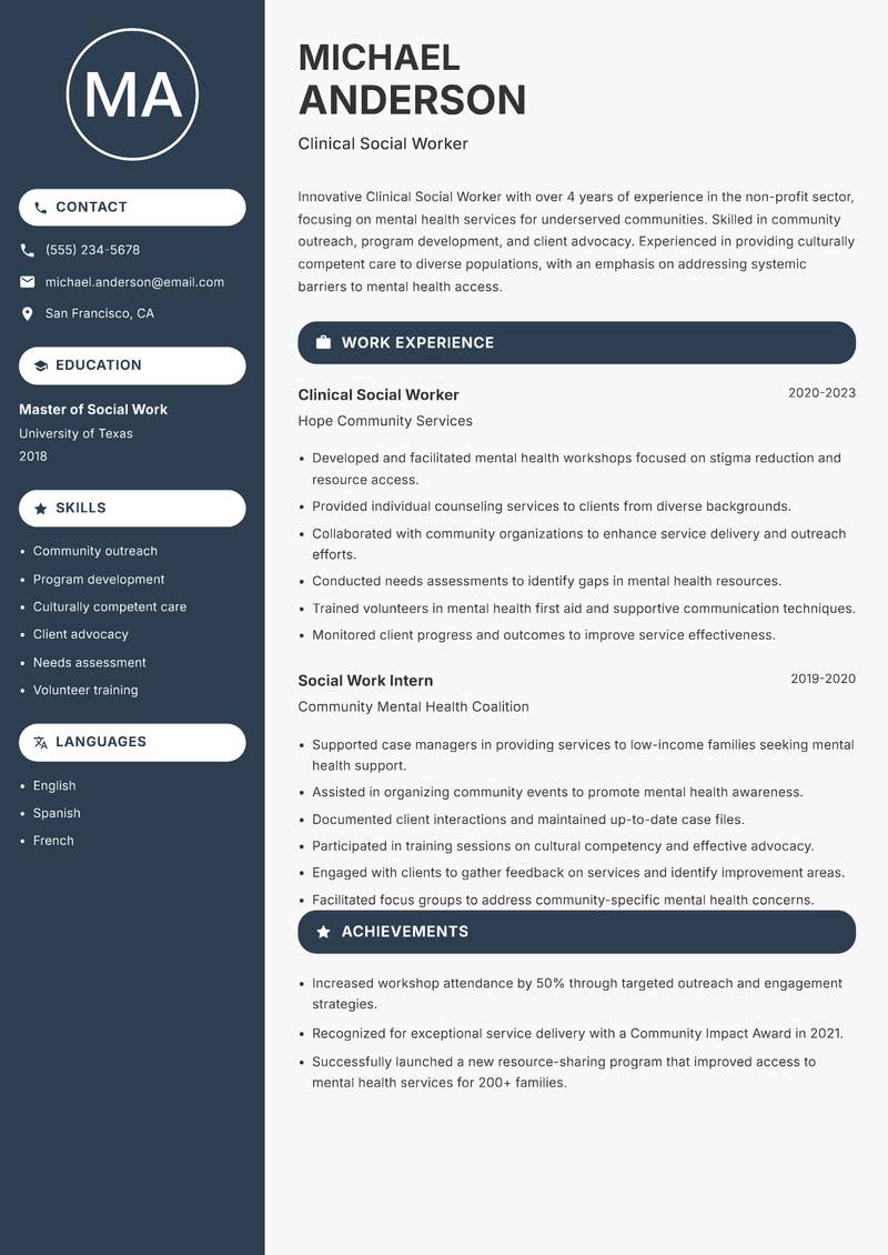 Clinical Social Worker resume sample — Clinical Social Worker focus