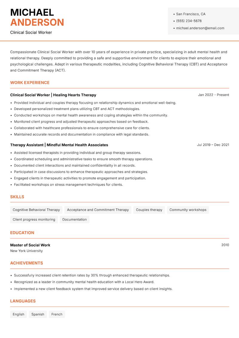 Clinical Social Worker resume sample — Clinical Social Worker focus