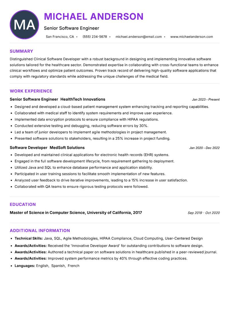 Clinical Software Developer resume example