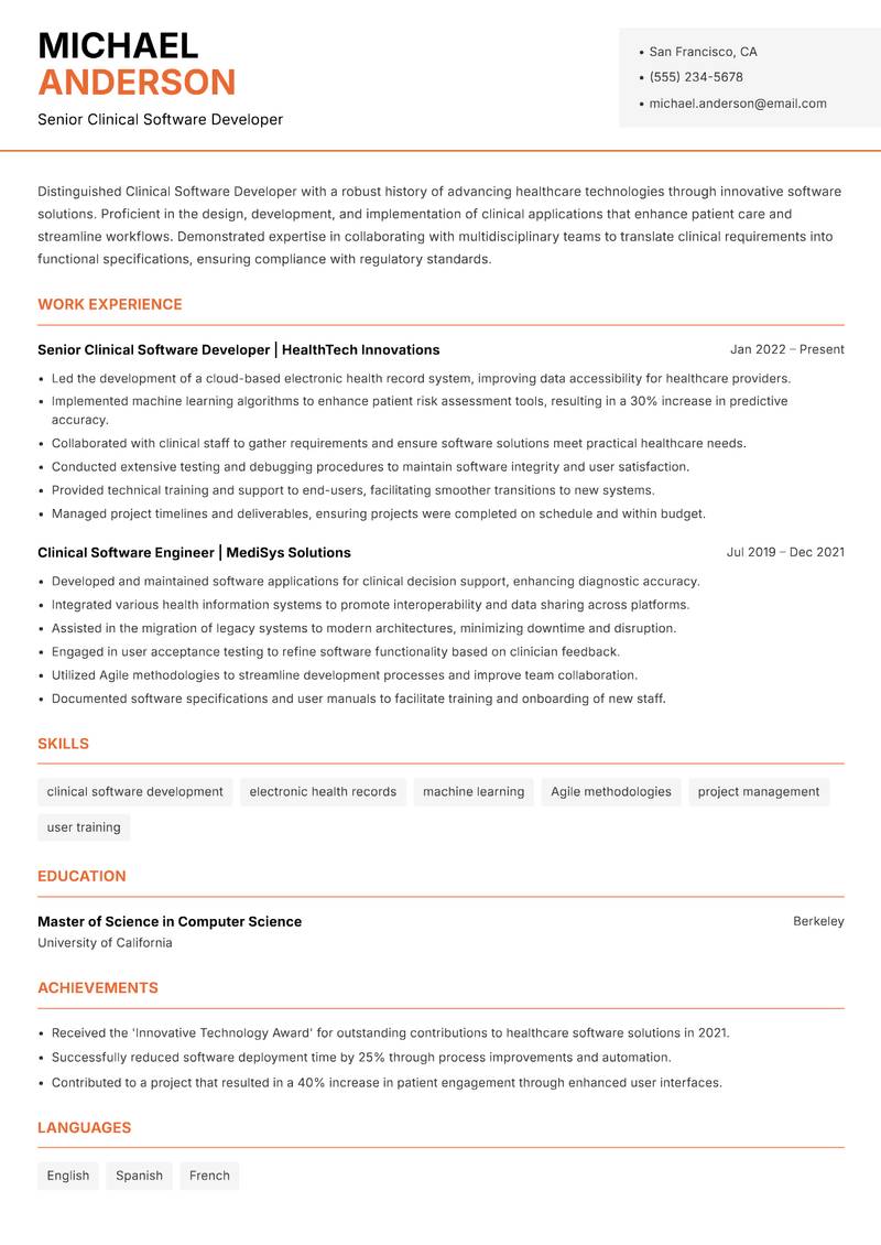 Clinical Software Developer resume sample — Senior Clinical Software Developer focus