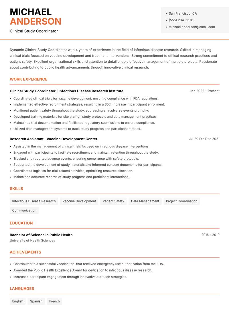 Clinical Study Coordinator resume sample — Clinical Study Coordinator focus
