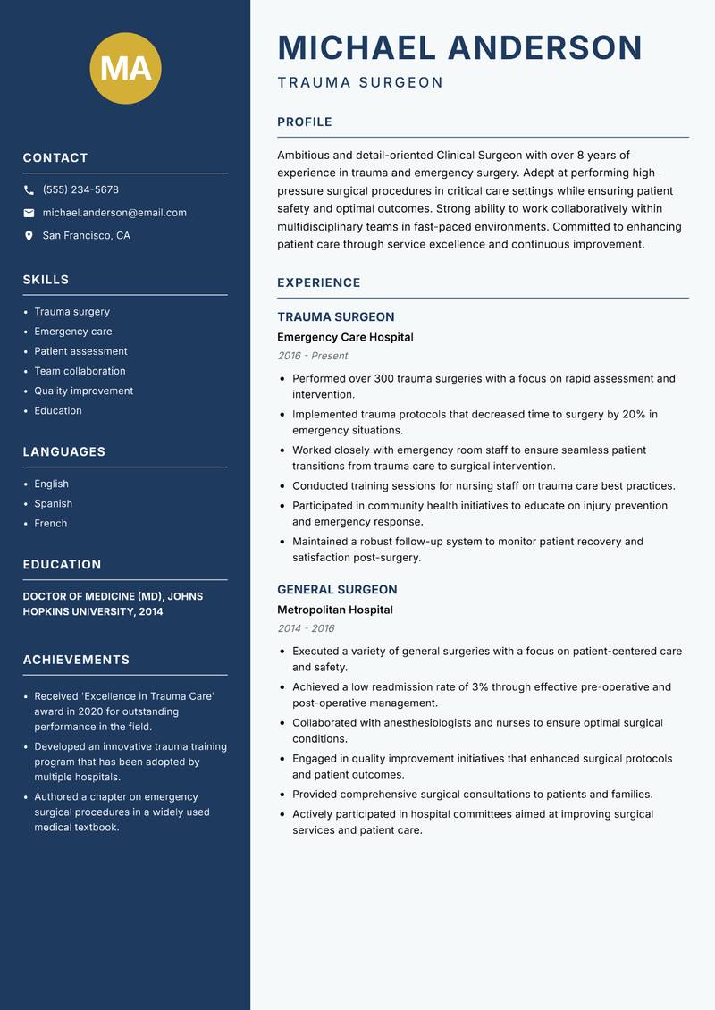 Clinical Surgeon resume sample — Trauma Surgeon focus