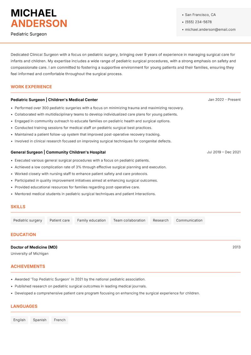 Clinical Surgeon resume sample — Pediatric Surgeon focus