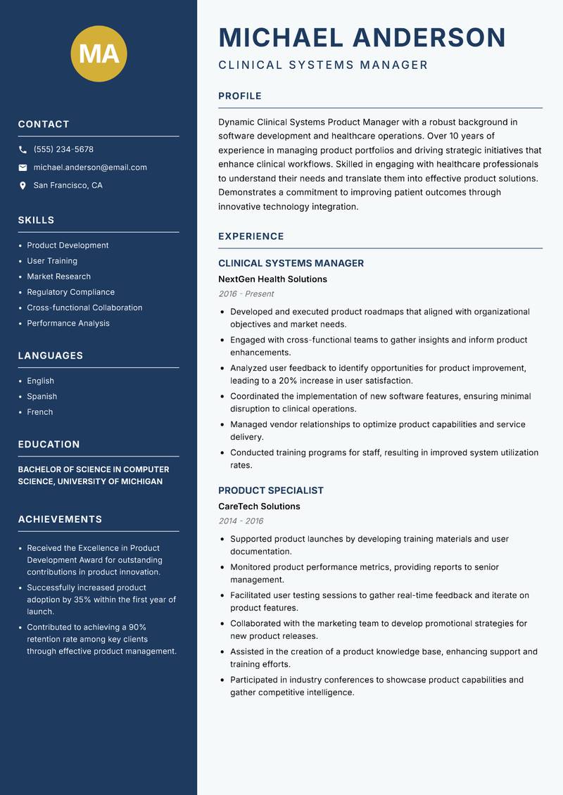 Clinical Systems Product Manager resume sample — Clinical Systems Manager focus