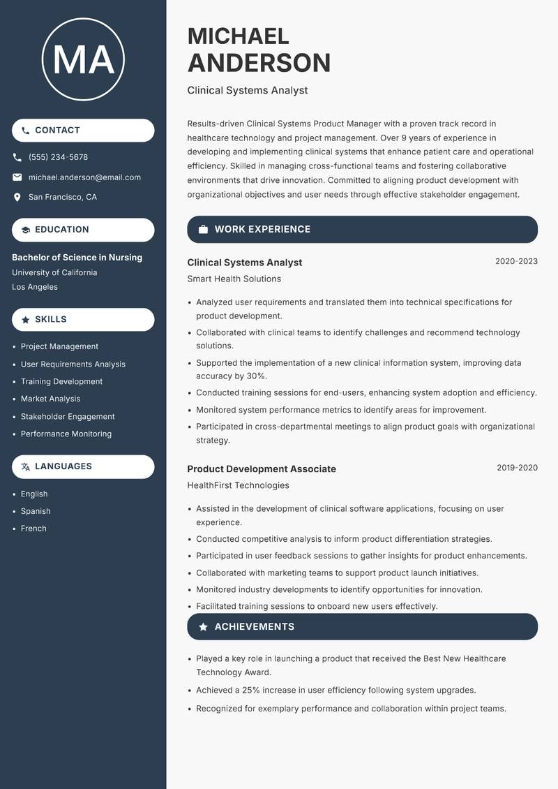 Clinical Systems Product Manager resume sample — Clinical Systems Analyst focus