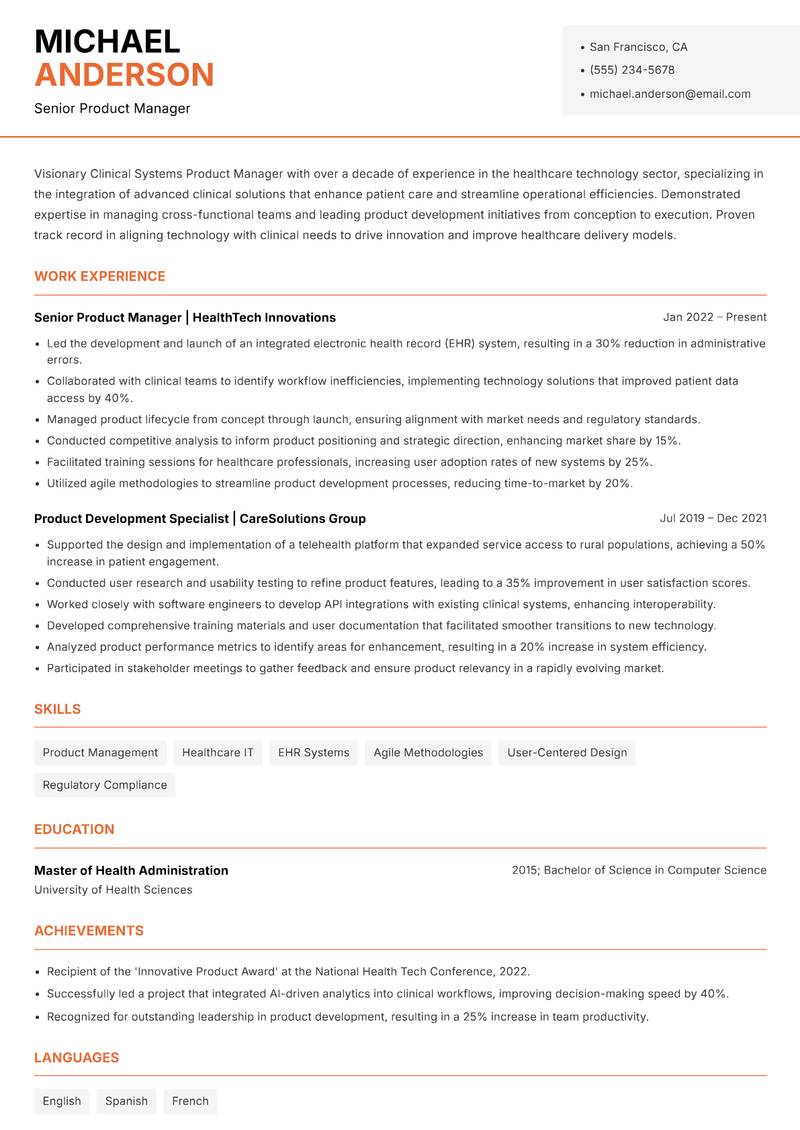 Clinical Systems Product Manager resume sample — Senior Product Manager focus