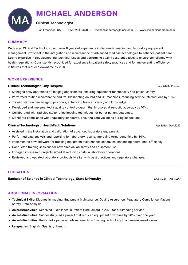 Clinical Technologist resume example