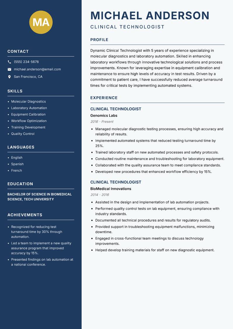 Clinical Technologist resume sample — Clinical Technologist focus