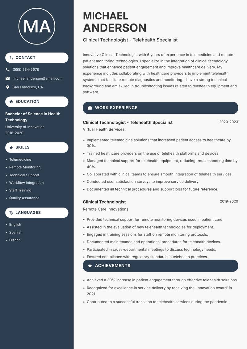 Clinical Technologist resume sample — Clinical Technologist - Telehealth Specialist focus