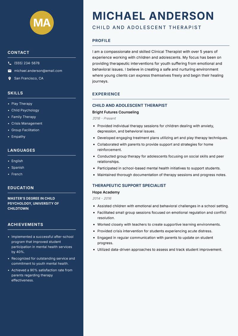 Clinical Therapist resume sample — Child and Adolescent Therapist focus