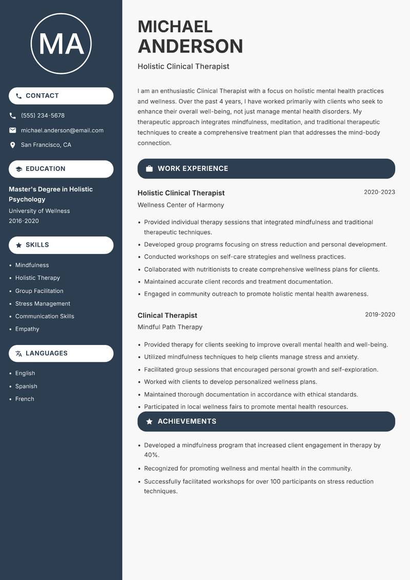Clinical Therapist resume sample — Holistic Clinical Therapist focus