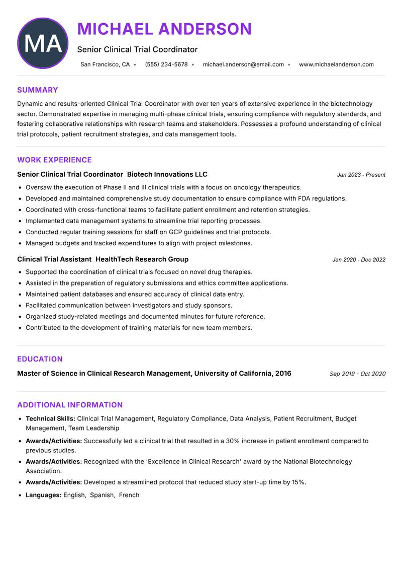 Clinical Trial Coordinator Biotechnology resume example