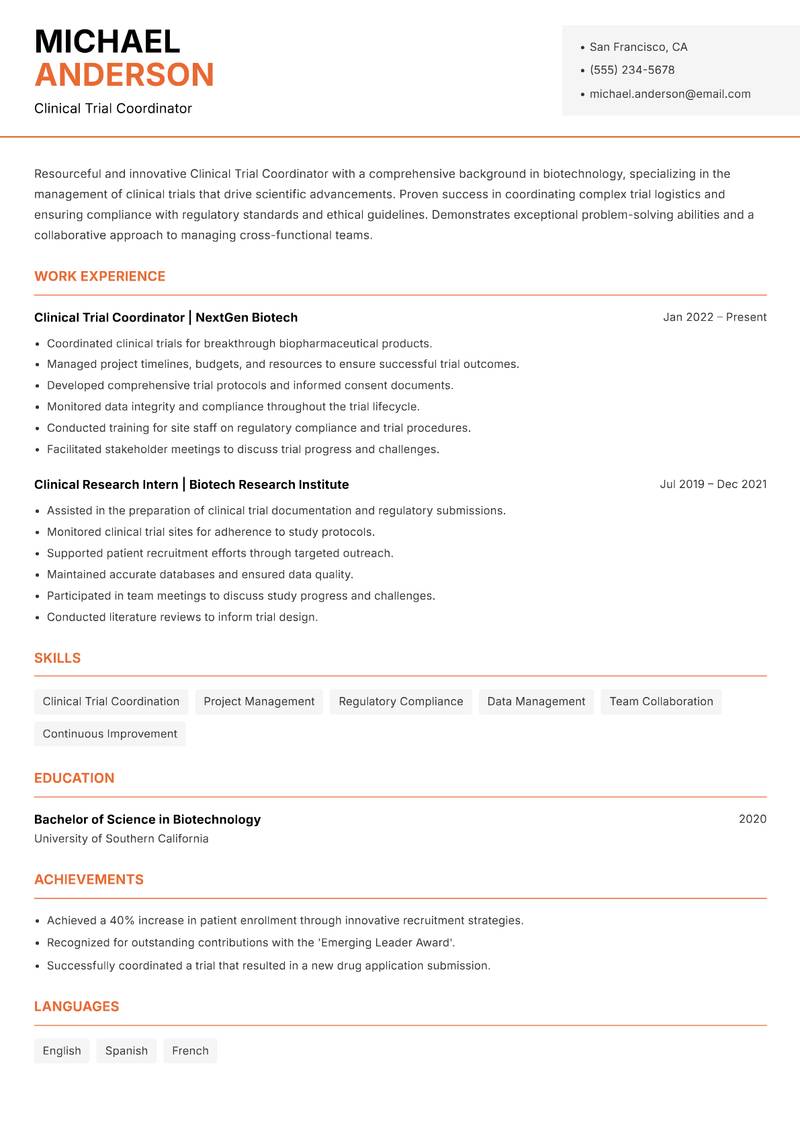 Clinical Trial Coordinator Biotechnology resume sample — Clinical Trial Coordinator focus