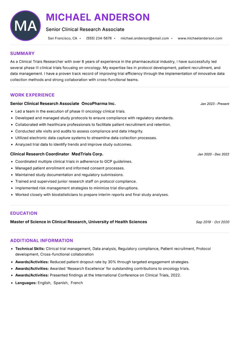 Clinical Trials Researcher resume example