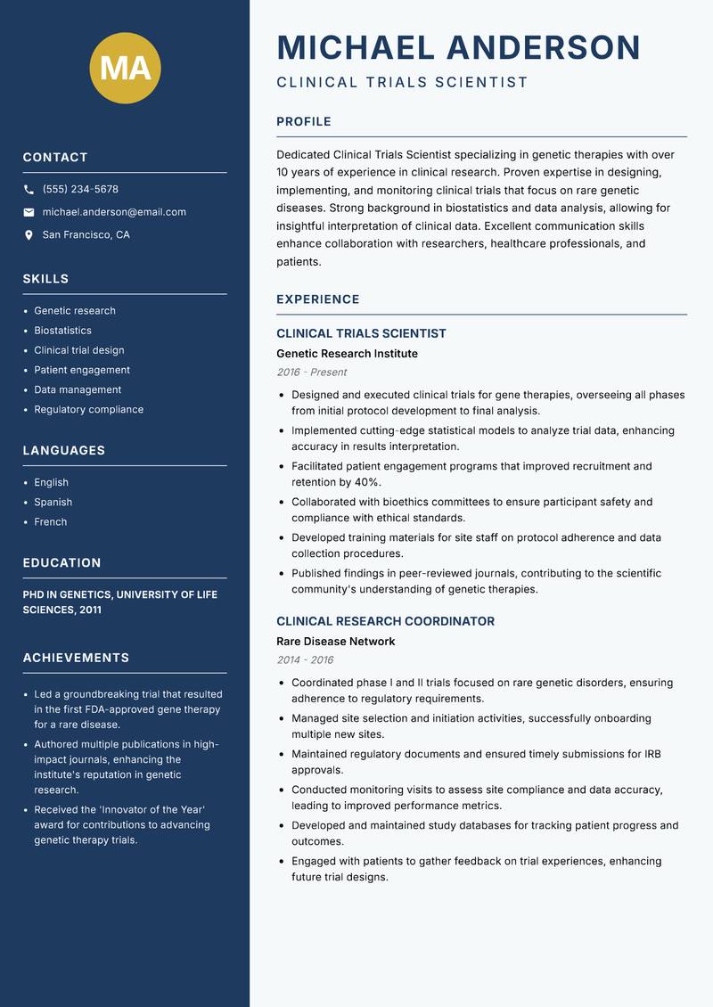 Clinical Trials Scientist resume sample — Clinical Trials Scientist focus