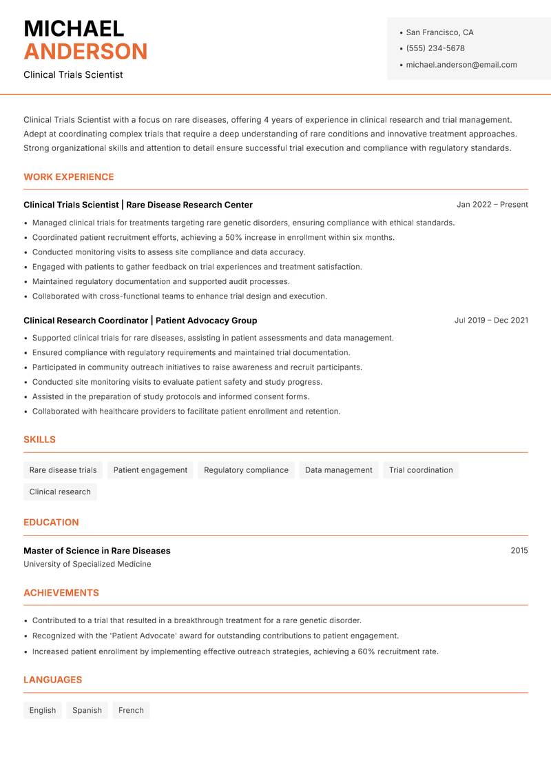 Clinical Trials Scientist resume sample — Clinical Trials Scientist focus