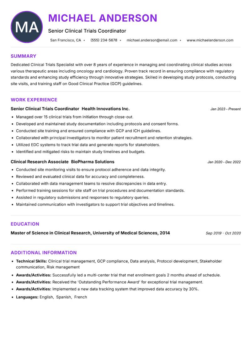 Clinical Trials Specialist resume example