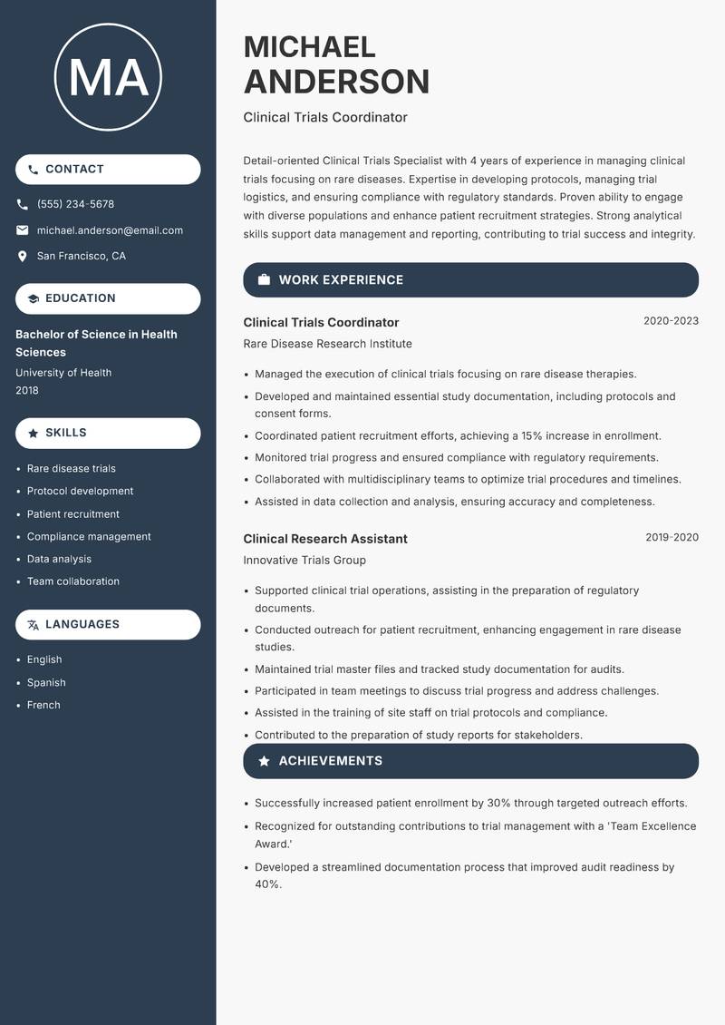 Clinical Trials Specialist resume sample — Clinical Trials Coordinator focus