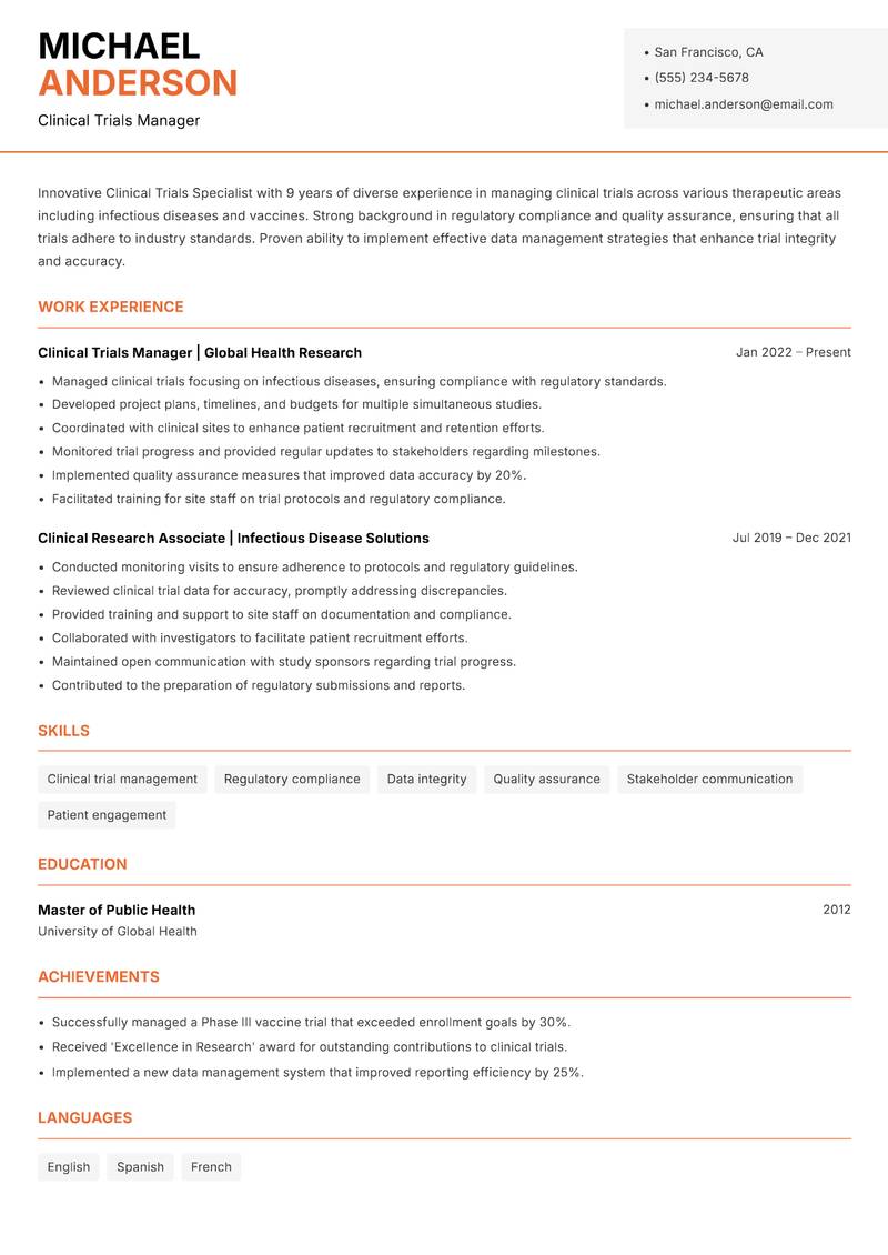 Clinical Trials Specialist resume sample — Clinical Trials Manager focus