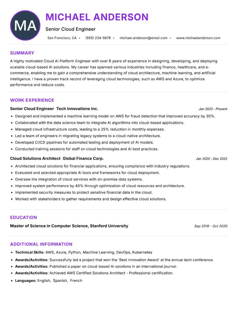 Cloud AI Platform Engineer resume example — Cloud Computing