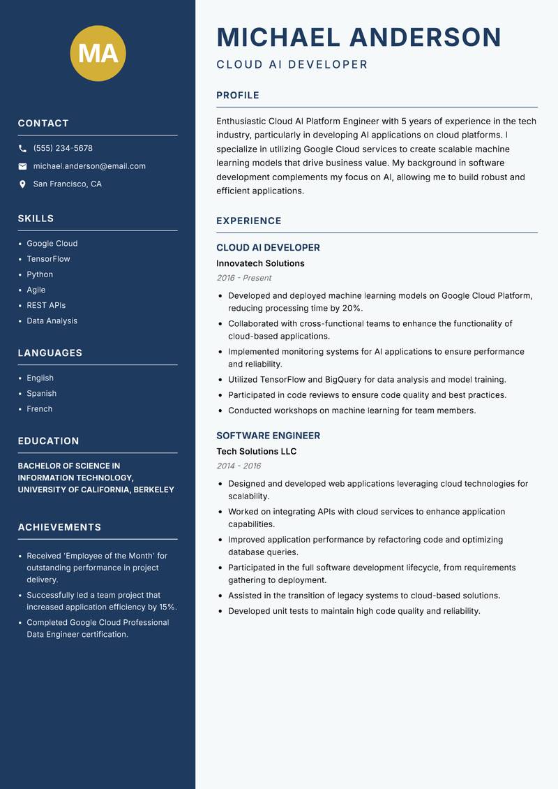 Cloud AI Platform Engineer resume sample — Cloud AI Developer focus