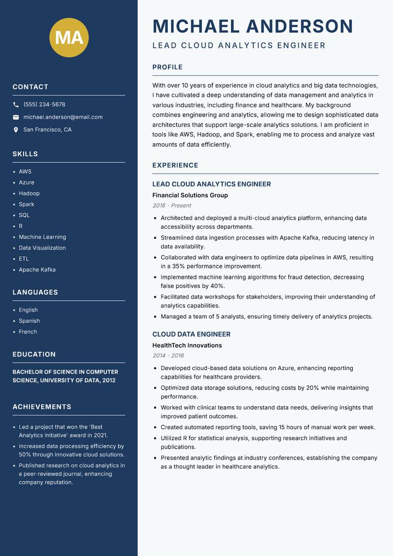 Cloud Analytics Engineer resume sample — Lead Cloud Analytics Engineer focus