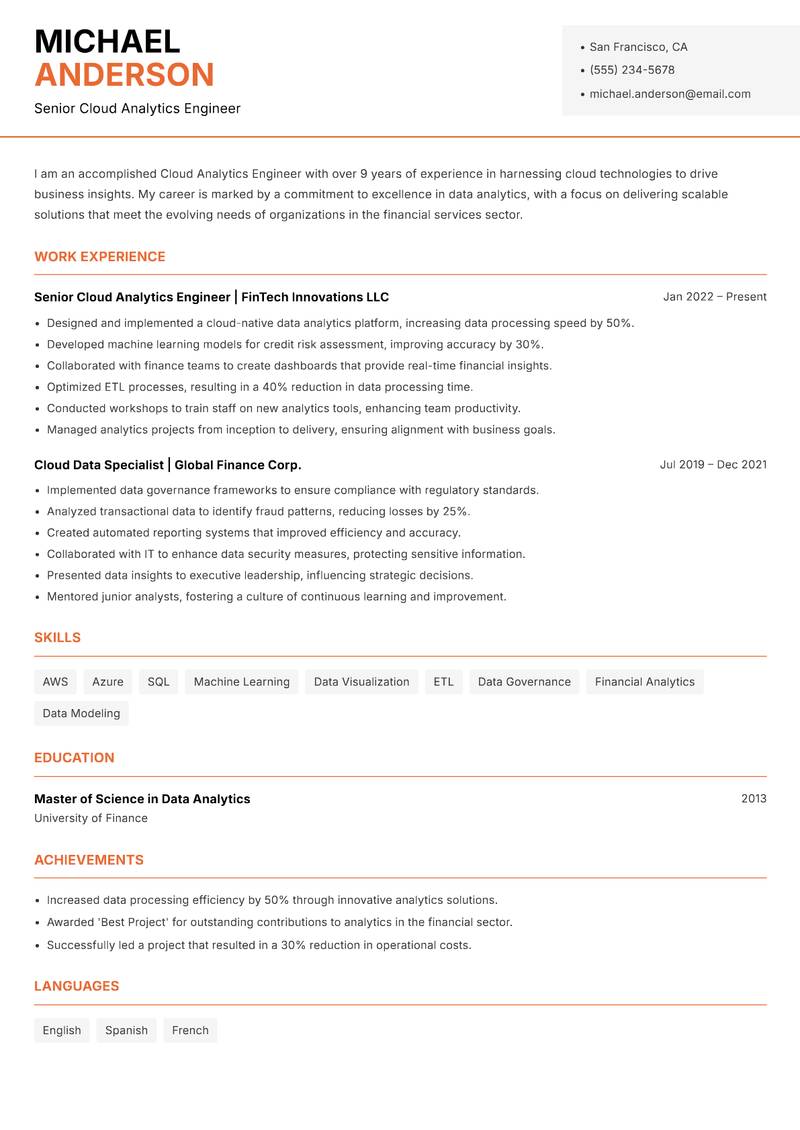 Cloud Analytics Engineer resume sample — Senior Cloud Analytics Engineer focus