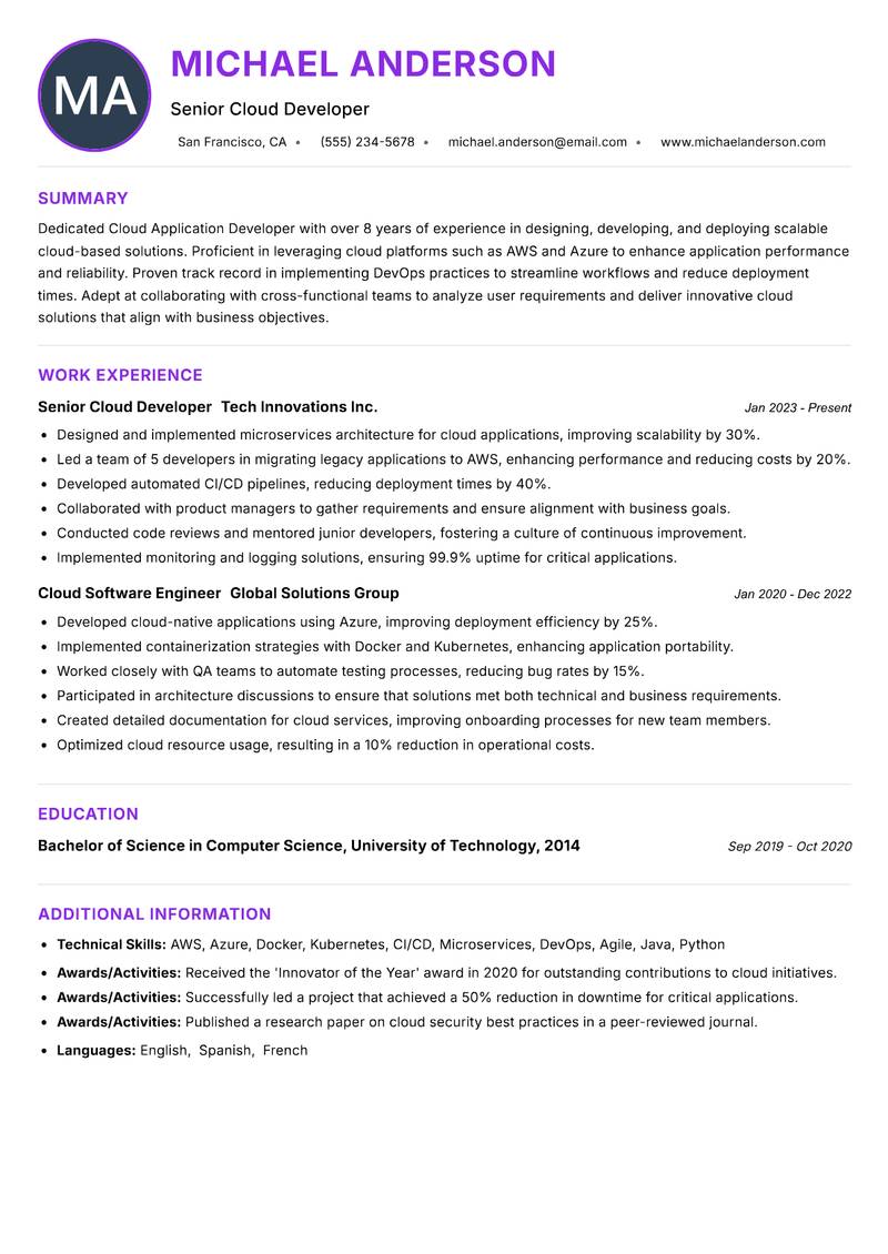 Cloud Application Developer resume example