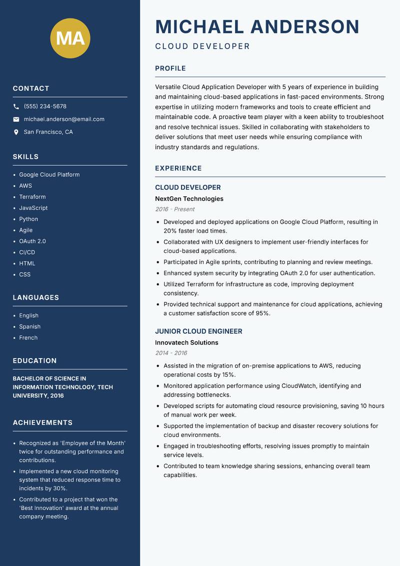 Cloud Application Developer resume sample — Cloud Developer focus