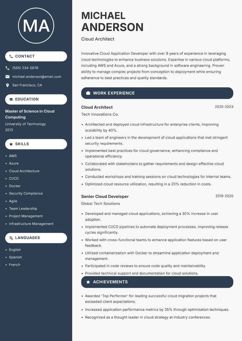 Cloud Application Developer resume sample — Cloud Architect focus