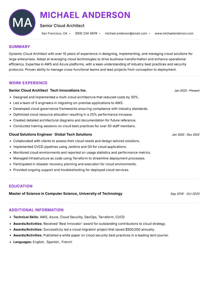 Cloud Architect resume example