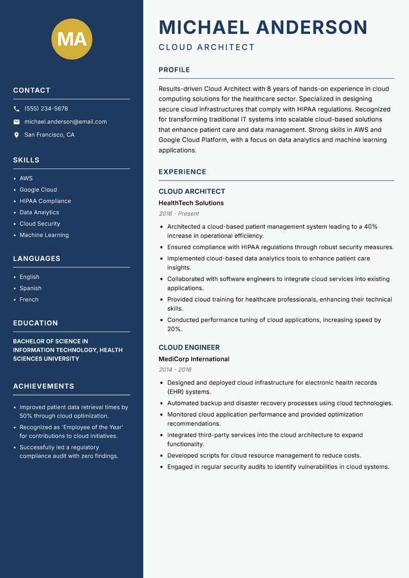Cloud Architect resume sample — Cloud Architect focus