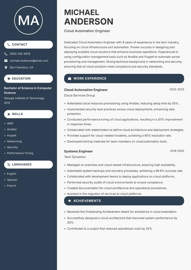Cloud Automation Engineer resume sample — Cloud Automation Engineer focus